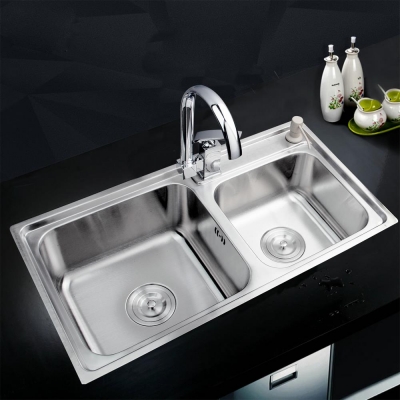 hello kitchen stainless steel sink vessel kitchen double bowl ss-997147/114 + swivel vanity faucet + liquid soap dispenser