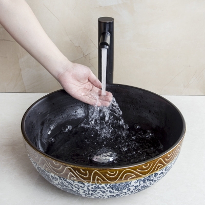 sensor faucet round paint golden bowl sinks / vessel basins washbasin ceramic basin sink & faucet tap set 460189026 [ceramic-basin-faucet-set-2275]