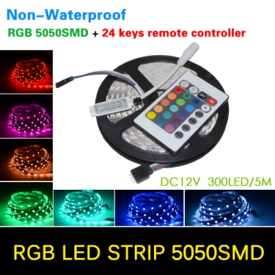 smd 5050 led strip 5m 300led led light led flexible tape dc12v + 24key rf controller red, green, blue, white, warm white, rgb [5050-smd-series-851]