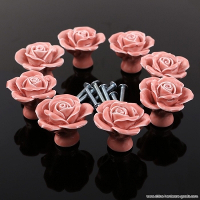 10pcs pink flower ceramic cabinet hardware for chest of drawers door knobs,decorative rose porcelain handles for furniture