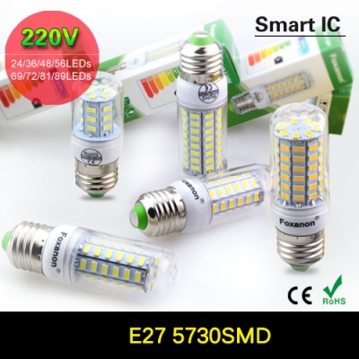 1pcs 2015 full new led lamp e27 smd 5730 led corn bulb 220v chandelier leds candle light spotlight 24/36/48/56/69/72/81/89leds [5730-smart-ic-corn-series-927]