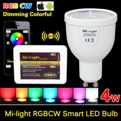 2015 ac86-260v mi light 2.4g gu10 4w rgb cw rgb ww led spot light lamp wireless color/brightness/temperature dimmable adjustable [led-smart-mi-light-5986]