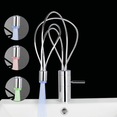 3 colors changing bathroom faucet deck mounted swivel led bathroom faucet single lever tap mixer 8553d [led-faucet-5433]