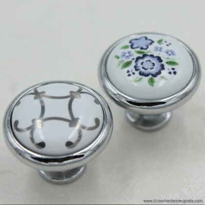 32mm silver kichen cabinet pulls,blue flower ceramic dresser knobs silver drawer cabinet wardrobe furniture handles pulls knobs [Door knobs|pulls-317]