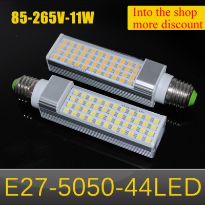 aluminum horizontal plug light led e27 smd 5050 11w ac85v 110v 220v 265v led corn bulb lamp, 44leds, 4pcs/lot