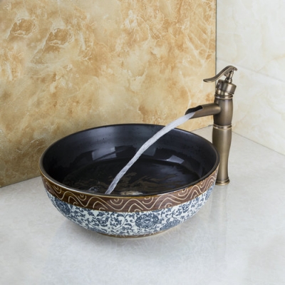 hello bathroom sink washbasin ceramic +antique brass tall waterfall faucet 460197119 lavatory bath combine set tap mixer faucet [ceramic-sink-2287]