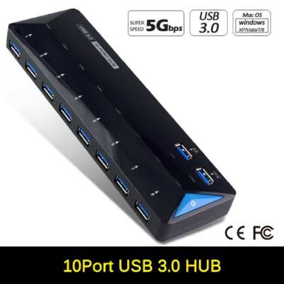 high speed 10 ports usb 3.0 hub with eu/us/uk/au ac power adapter for laptop desktop
