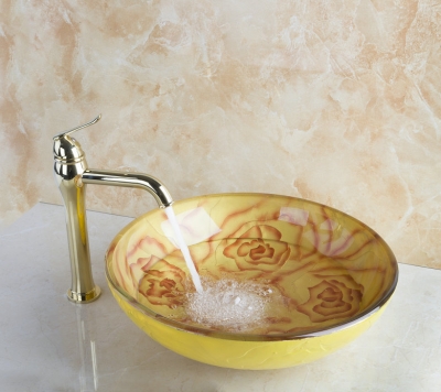 l-40279830 golden polished yellow roses pattern tap victory washbasin tempered glass sink with brass faucet set