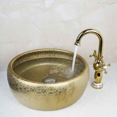 luxy polished golden faucet tap round paint golden bowl sinks / vessel basins with washbasin ceramic basin sink set 46049834 [glass-lavatory-basin-faucet-set-3758]