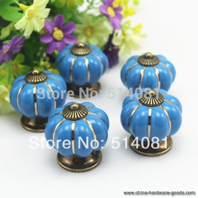 5pcs blue ceramic door cabinets pumpkins knobs handles pull drawer 40mm