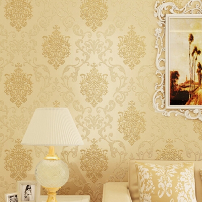 luxury 3d wallpaper fashion flock printing for living room gold foil wallpaper beige non woven for bedding room [wallpaper-roll-9369]