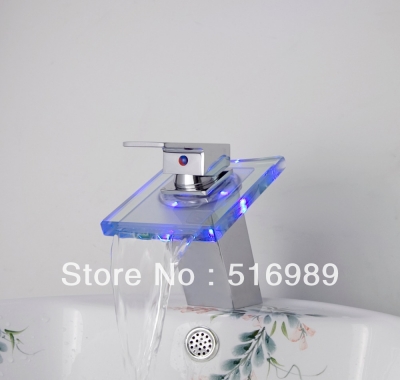 single handle deck mount new led bathroom basin sink faucet waterfall water flow lavatory cold faucet tree526