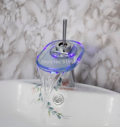 single handles deck mount led glass waterfall bathroom basin faucet square sink mixer tap basin faucet cp 19 [led-faucet-5559]