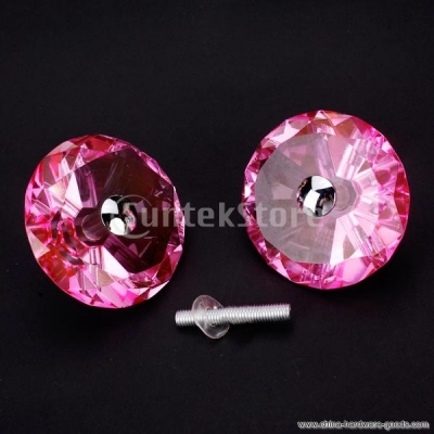 1 pair diamond shape crystal glass door cabinet knob pull - pink clear