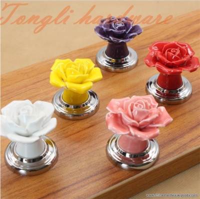 10 pcs/lot 5 color vintage rose ceramic door knob/handle (silver base) for kitchen, cabinet, locker,drawer,