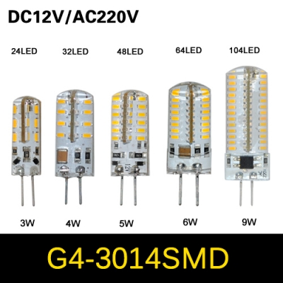 1pcs 3w 4w 5w 6w 9w g4 smd 3014 led crystal lamp light dc 12v / ac 220v silicone body led bulb chandelier 24/32/48/64/104leds