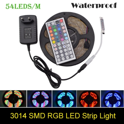 3014 smd rgb led strip 5m 54led/m waterproof dc 12v led fiexble light led ribbon tape lamp 44key ir controller 2a power adapter [3014-smd-series-631]