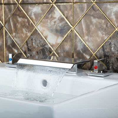 /cold bathtub torneira waterfall 3 pieces 2 lever chrome 64a deck mounted shower bathroom basin sink brass tap mixer faucet [3-pcs-bathtub-faucet-set-609]