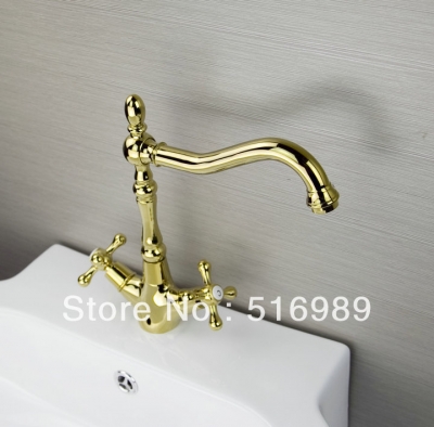 deck mount durable handles /cold water golden polished bathroom kitchen tap faucet mixer tree101 [golden-3832]