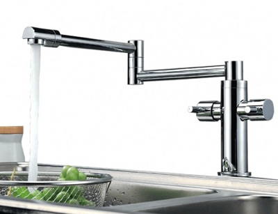 double-handle deck mounted pull folding kitchen faucet swivel and cold sink mixer