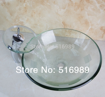 excellent transparent bathroom round chrome basin faucets washbasin with drainer basin set [glass-lavatory-basin-faucet-set-3732]