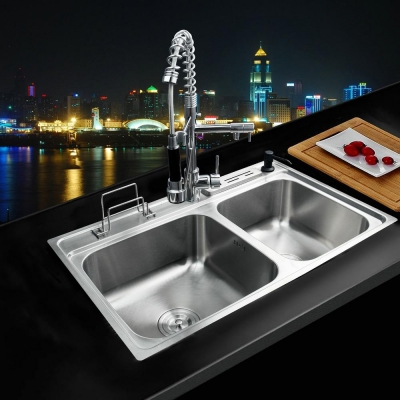 hello kitchen stainless steel sink vessel kitchen washing vegetable double bowl ss-128525/111 with swivel vanity faucet