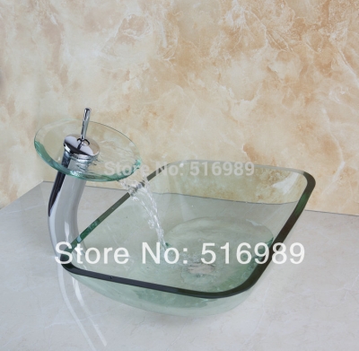 clear single hole square chrome faucet washbasin bathroom glass sink with water pop up drain basin set