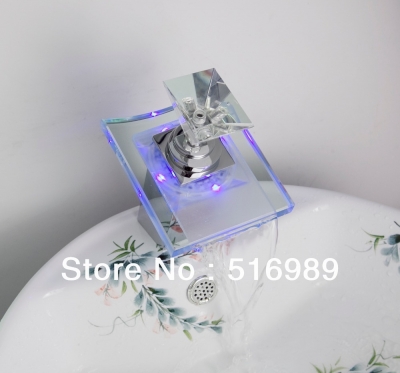 deck mount new glass waterfall chrome basin bathroom led faucet mixer cold tap 3 color led825