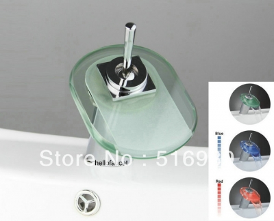 deck mount single handle color changing led waterfall bathroom sink faucet tap mixer (chrome finish) nb-110 [led-faucet-5466]