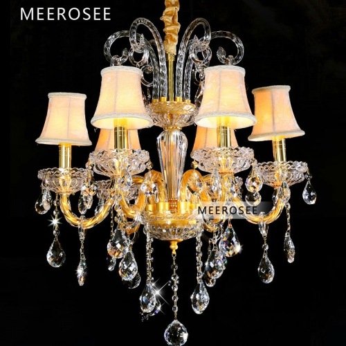 european clear golden glass chandelier light crystal feature lustres for pendelleuchte with lampshade 6 lamps md8344