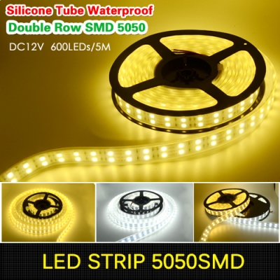 ip68 silicone tube waterproof 120leds/m double row smd 5050 led strip 12v white/warm white light for swimming pool, fish tank