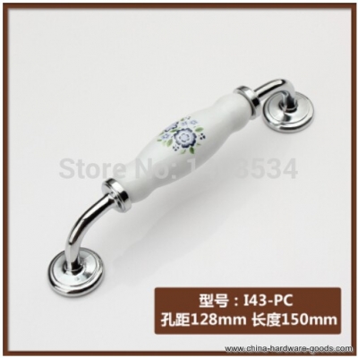 length 150mm hole pitch 128mm ceramic shiny finish modern handle cabinet handle drawer pulls blue flower print [Door knobs|pulls-2786]