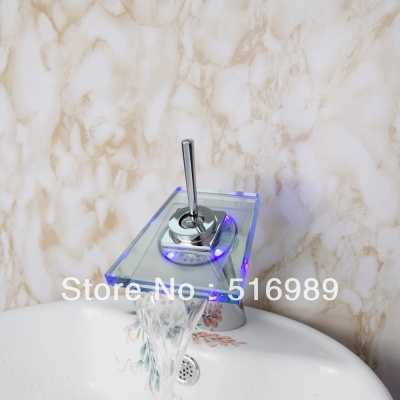 single handle bathroom led glass waterfall basin face faucet square deck mounted mixer tap grass2 [led-faucet-5552]
