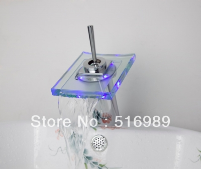 3 colors new deck mounted led waterfall basin faucet single handle vessel sink mixer tapglass3 [led-faucet-5434]