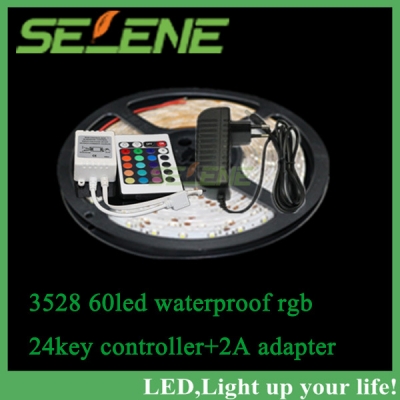 5m rgb led strip 3528 waterproof 60led/m dc12v led strip light 300 leds+24keys remote controller +2a adapter power supply [smd3528-8605]