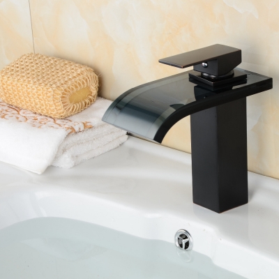 contemporary bathroom waterfall faucet oil rubbed bronze sink tap glass spout square black faucets torneira [led-amp-waterfall-faucet-6367]
