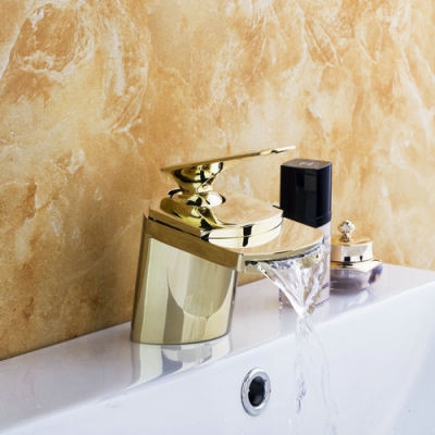 hello short big waterfall spout bathroom golden deck mounted 9813 brass single handle wash basin torneira sink tap mixer faucet [waterfall-spout-faucet-9484]