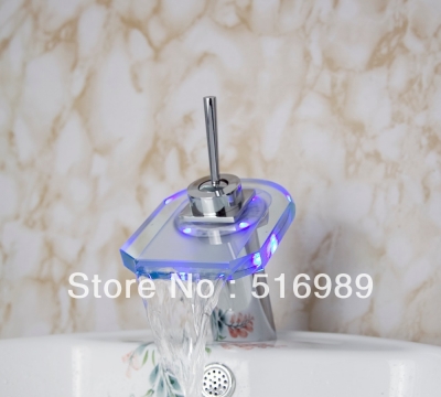 led waterfall spout bathroom basin faucet single handle hole vessel mixer tap grass8 [led-faucet-5511]