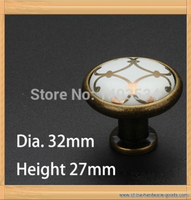 10pcs single hole ceramic knob with antique brass color zinc alloy furniture knob drawer knob printed golden flower