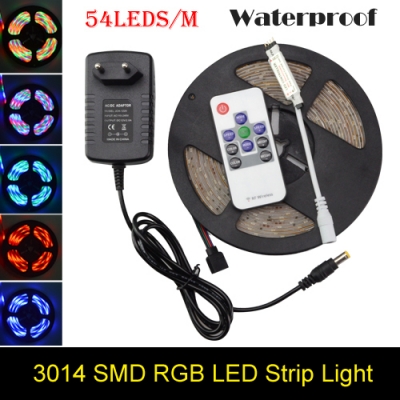 3014 led strip rgb 54led/m waterproof led diode tape ribbon + 10key rf controller + 2a power adapter for home garden decoration [3014-smd-series-628]