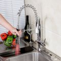 8525- new kitchen led with 3 color polished chrome pull up and down double water spout kitchen single handle faucet mixer taps