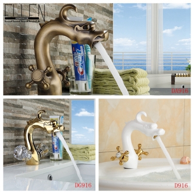 bathroom dragon faucet copper white painted antique brass and gold finish water tap dual cross or crystal handle