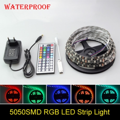 black pcb led strip light 5050 smd ip65 waterproof 300led rgb led tape ribbon + 44 key ir controller + dc 12v 3a power supply [5050-smd-series-849]
