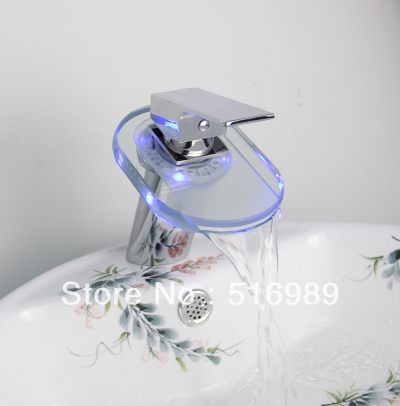 deck mount single handle led glass waterfall bathroom sink faucet basin temperature control mixer tap grass3304 [led-faucet-5467]