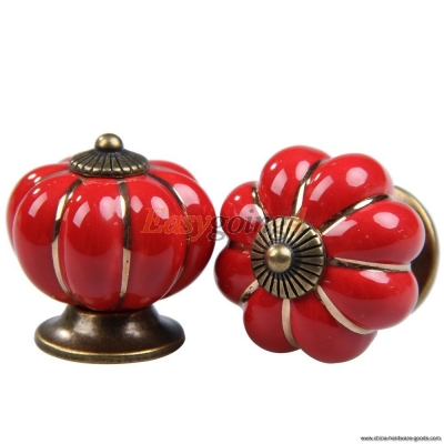 ea14 1 pair red ceramic pumpkin kitchen door cabinets drawer knobs pull handle