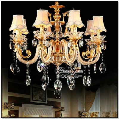european golden crystal chandelier with 8 glass arms cristal lustres of living with fabric lampshades md88006