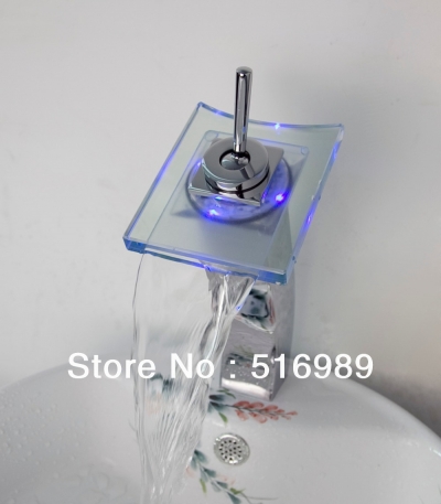 led color chaning basin vessel sink faucet waterfall glass spout mixer tap grass3702 [led-faucet-5499]