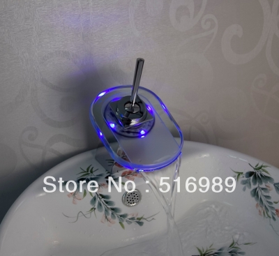 new basin waterfall water flow lavatory cold faucet 3 colors led battery power bathroom mixer tap sink chrome tree506 [led-faucet-5522]