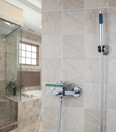 reasonable price single handle l8203 transparent glass spout wall mounted waterfall spout bath basin mixer tap bathtub faucet