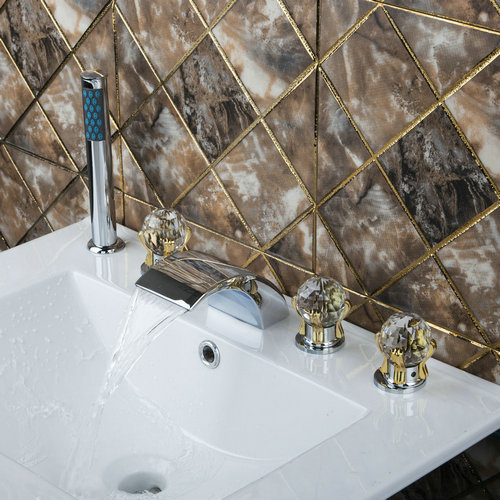 waterfall 5 pieces diamond double handles chrome 11tt2 deck mounted shower bathroom basin sink brass bathtub tap mixer faucet
